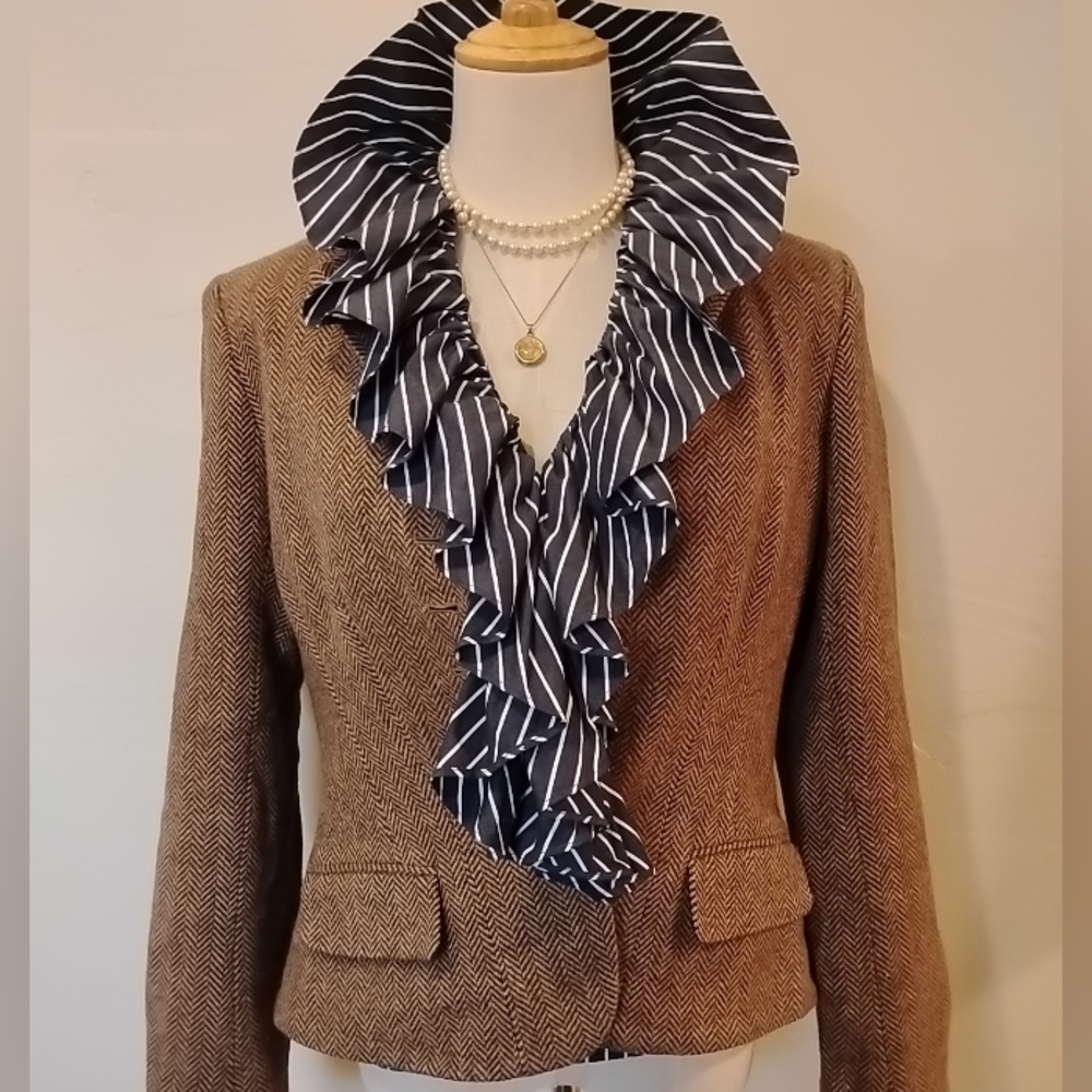 Ralph Lauren Brown Herringbone Blazer with Black & White Striped Ruffle Collar